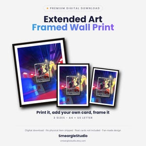 Peut inclure: Trois impressions murales encadr&eacute;es en noir pr&eacute;sentant l'art &eacute;tendu d'une carte &agrave; collectionner Mimikyu. Le texte indique : Premium Digital Download, Extended Art Framed Wall Print, Print it, add your own card, frame it, 3 SIZES - A4 + US LETTER, SmeargleStudio.