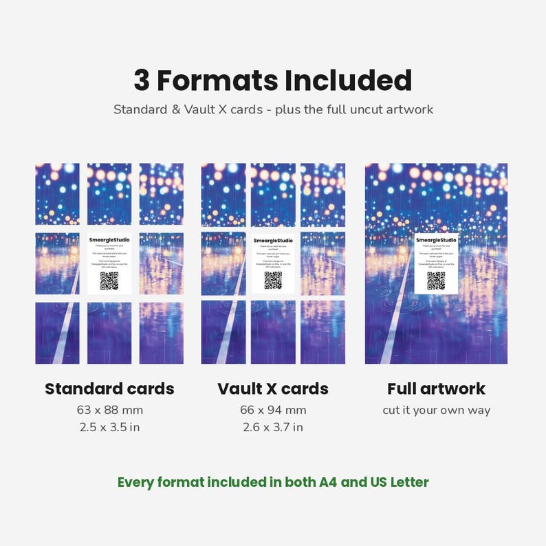 K&ouml;nnte beinhalten: Eine digitale Produktanzeige mit 3 Formats Included: Standardkarten in 63 x 88 mm, Vault X-Karten in 66 x 94 mm und vollst&auml;ndiges Artwork. Jeder Bereich zeigt einen blau-violetten Bokeh-Hintergrund mit einer wei&szlig;en Informationskarte und einem QR-Code.