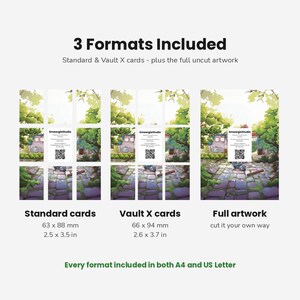 May include: A digital product display showing 3 formats: Standard cards at 63 x 88 mm, Vault X cards at 66 x 94 mm, and full artwork. The image features a garden path illustration with a SmeargleStudio QR code card in the centre of each layout.