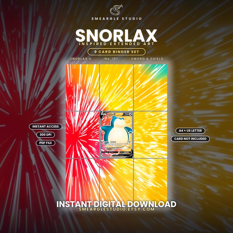 Op de afbeelding: Een digitale 9-kaarten ordner set met Snorlax ge&iuml;nspireerde uitgebreide kunst. De afbeelding toont een centrale Snorlax V-kaart omringd door een levendig rood en geel radiaal stralenpatroon. Tekst bevat Snorlax, 9 Card Binder Set en Instant Digital Download.