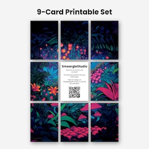 May include: A 9-card printable set featuring a dark, vibrant jungle theme with neon pink, orange, and blue foliage, flowers, and mushrooms. The center card includes the text SmeargleStudio, instructions for trimming, and a black and white QR code.