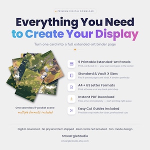 May include: A digital download product titled Everything You Need to Create Your Display, featuring 9 printable extended-art panels for a 9-pocket binder page. Includes A4 and US Letter formats, PDF files, and easy cut guides for a seamless scene.