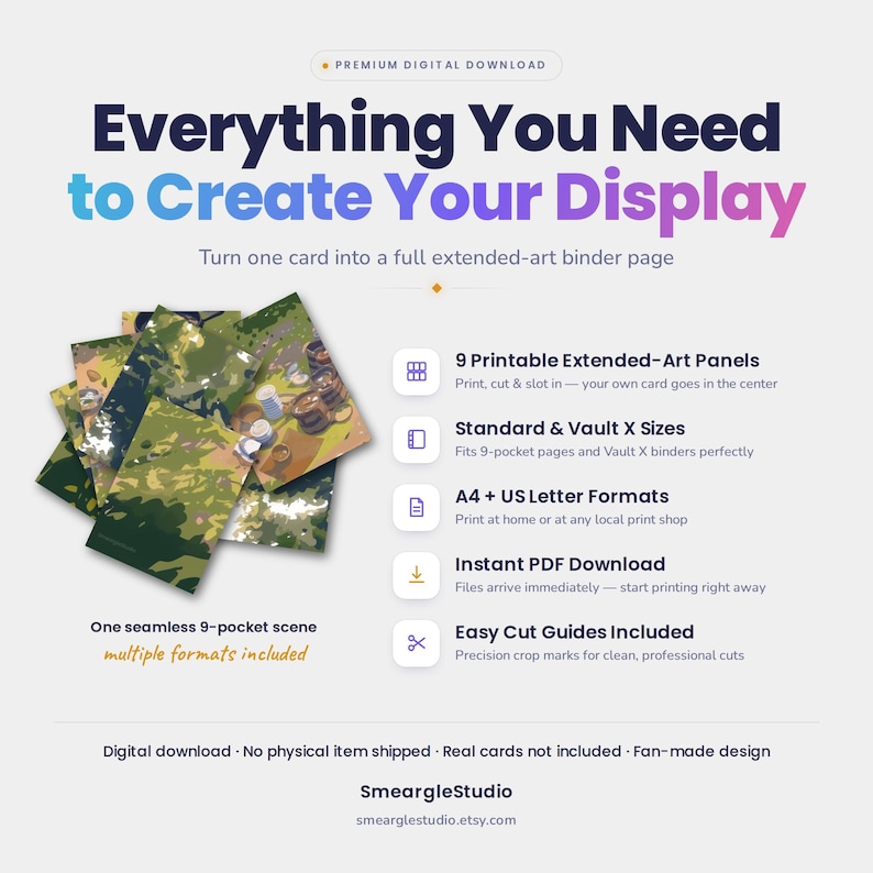May include: A digital download product titled Everything You Need to Create Your Display, featuring 9 printable extended-art panels for a 9-pocket binder page. Includes A4 and US Letter formats, PDF files, and easy cut guides for a seamless scene.