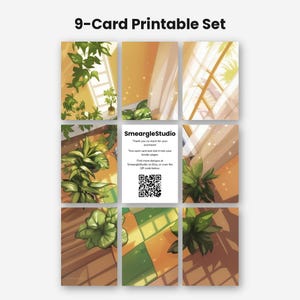 May include: A 9-card printable set featuring illustrations of indoor plants in warm, sunlit rooms. The center card displays the text SmeargleStudio, thank you instructions, and a QR code. The other eight cards show various green foliage.