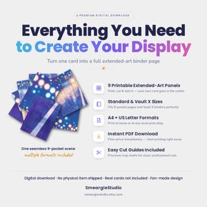 K&ouml;nnte beinhalten: Ein digitales Download-Produkt mit 9 druckbaren Extended-Art-Panels f&uuml;r eine 9-Taschen-Ordnerseite. Das Design zeigt eine blaue und violette abstrakte Szene mit Bokeh-Lichtern. Der Text lautet: Everything You Need to Create Your Display.