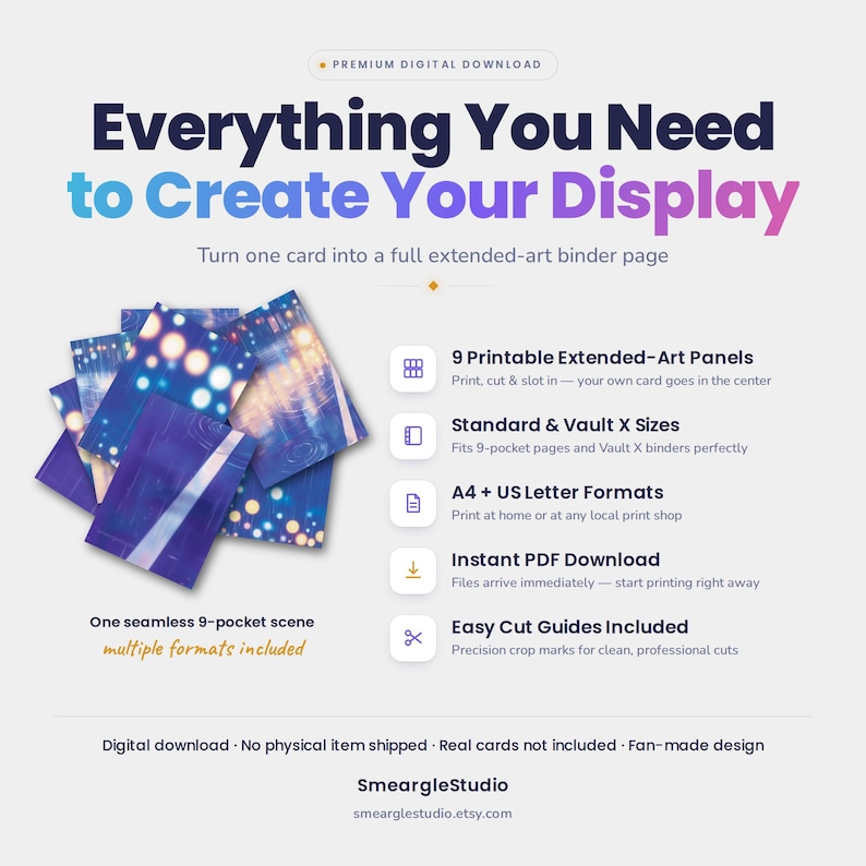 K&ouml;nnte beinhalten: Ein digitales Download-Produkt mit 9 druckbaren Extended-Art-Panels f&uuml;r eine 9-Taschen-Ordnerseite. Das Design zeigt eine blaue und violette abstrakte Szene mit Bokeh-Lichtern. Der Text lautet: Everything You Need to Create Your Display.