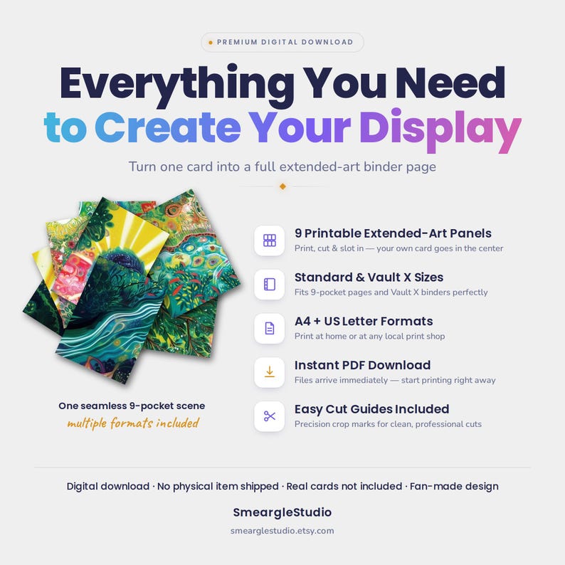 May include: A digital download product featuring 9 printable extended-art panels for a 9-pocket binder page. The graphic displays a colourful, seamless nature-themed scene, text detailing print formats, cut guides, and the SmeargleStudio brand name.