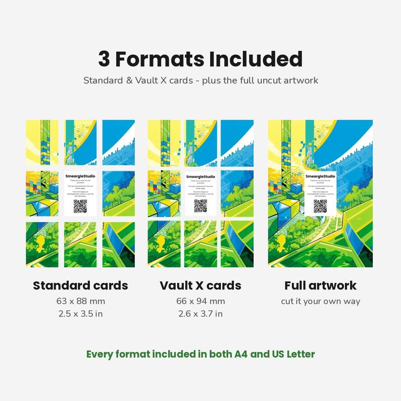Może przedstawiać: Cyfrowa prezentacja produktu z 3 Formats Included: karty standardowe 63 x 88 mm, karty Vault X 66 x 94 mm oraz pełna grafika. Każda sekcja zawiera kolorową, abstrakcyjną ilustrację krajobrazu z logo SmeargleStudio oraz kodem QR.