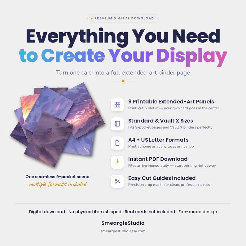 May include: A digital download product featuring 9 printable extended-art panels that form a seamless 9-pocket scene. The design includes text: Everything You Need to Create Your Display, 9 Printable Extended-Art Panels, Standard & Vault X Sizes, A4 + US Letter Formats, Instant PDF Download, Easy Cut Guides Included, and SmeargleStudio.