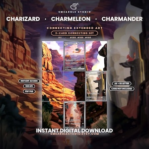 Può includere: Un set di download digitale con arte estesa collegata per le carte Charizard, Charmeleon e Charmander. L'opera mostra un paesaggio di canyon con toni arancioni, marroni e rossi. Il testo include "SMEARGLE STUDIO", "3-CARD CONNECTING SET" e "INSTANT DIGITAL DOWNLOAD".