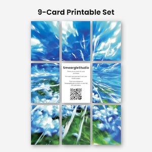 Puede incluir: Un set de 9 tarjetas imprimibles con un dise&ntilde;o de cielo azul y nubes. La tarjeta central muestra el texto SmeargleStudio, instrucciones para recortar y colocar en carpetas, un enlace a Etsy y un c&oacute;digo QR en blanco y negro.