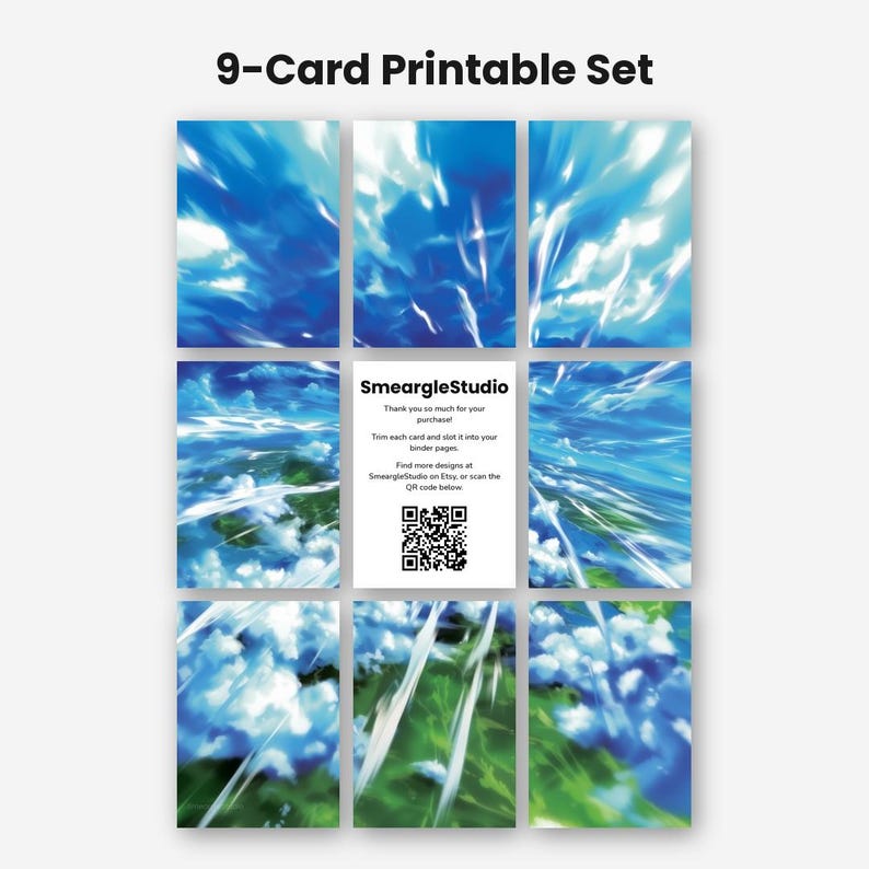 Puede incluir: Un set de 9 tarjetas imprimibles con un dise&ntilde;o de cielo azul y nubes. La tarjeta central muestra el texto SmeargleStudio, instrucciones para recortar y colocar en carpetas, un enlace a Etsy y un c&oacute;digo QR en blanco y negro.