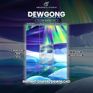 May include: A 9-card binder set featuring Dewgong inspired extended art. The digital download includes a central card image surrounded by a continuous icy landscape with aurora borealis lighting. Text includes Smeargle Studio, Dewgong, No. 97, Phantasmal Flames, Instant Access, 300 DPI, PDF File, A4 + US Letter, Card Not Included, and Instant Digital Download.