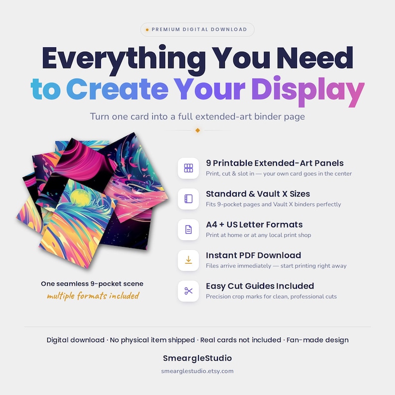 May include: A digital download product featuring 9 printable extended-art panels for a 9-pocket binder page. The design displays a colorful, abstract, swirling cosmic scene in shades of pink, blue, and yellow. Text includes Everything You Need to Create Your Display, 9 Printable Extended-Art Panels, Standard & Vault X Sizes, A4 + US Letter Formats, Instant PDF Download, and Easy Cut Guides Included.