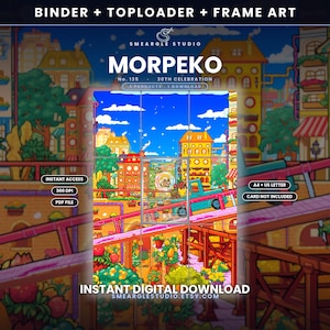 May include: A digital art print featuring a vibrant city scene with a teal truck on a bridge, labeled Morpeko No. 135 30th Celebration. The image includes text such as Binder + Toploader + Frame Art, Instant Access, 300 DPI, PDF File, and Instant Digital Download.
