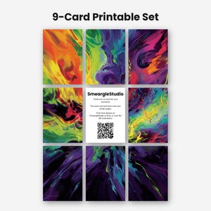 May include: A 9-card printable set featuring vibrant, abstract fluid art designs with swirling patterns of orange, yellow, green, purple, and blue. The center card includes the text SmeargleStudio, instructions, and a QR code for scanning.