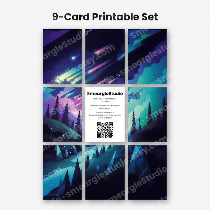 May include: A 9-card printable set featuring digital illustrations of night landscapes with pine trees, starry skies, and shooting stars in shades of blue, purple, and teal. One card contains the text SmeargleStudio, instructions, and a QR code.
