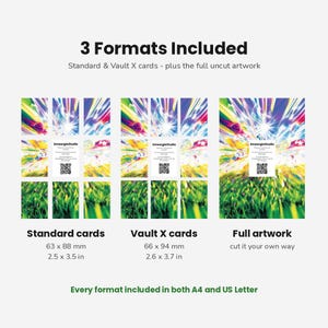 May include: A digital product display showing 3 Formats Included: Standard cards at 2.5 x 3.5 inches, Vault X cards at 2.6 x 3.7 inches, and full artwork. The graphic features a vibrant, abstract light-burst design over green grass, with SmeargleStudio text and a QR code on each card layout. Every format is included in both A4 and US Letter sizes.
