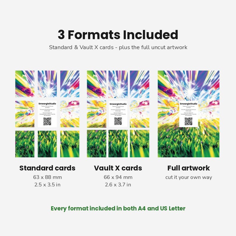 May include: A digital product display showing 3 Formats Included: Standard cards at 2.5 x 3.5 inches, Vault X cards at 2.6 x 3.7 inches, and full artwork. The graphic features a vibrant, abstract light-burst design over green grass, with SmeargleStudio text and a QR code on each card layout. Every format is included in both A4 and US Letter sizes.