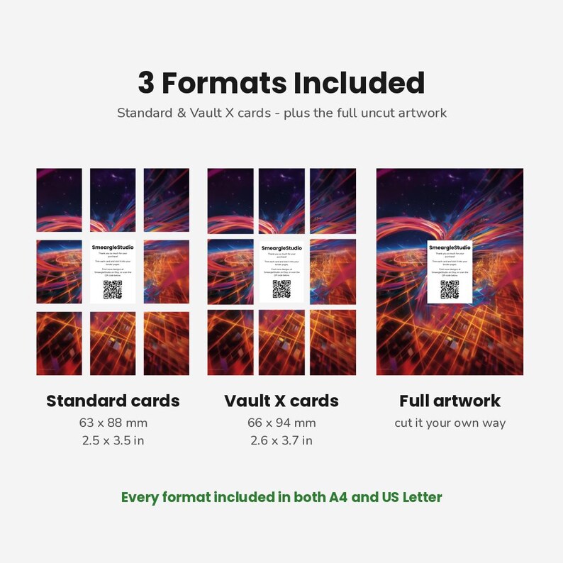 May include: Three digital print formats featuring abstract red and blue light trails over a dark grid. Includes standard 63 x 88 mm cards, 66 x 94 mm Vault X cards, and full uncut artwork. Text includes 3 Formats Included, Standard & Vault X cards, and SmeargleStudio.