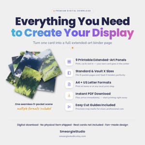 以下が含まれることがあります： Everything You Need to Create Your Displayというテキストが記載されたデジタルダウンロード製品の表示。9ポケットバインダーページ用の印刷可能な拡張アートパネル9枚が含まれており、A4およびUSレター形式で、簡単なカットガイドが付いています。