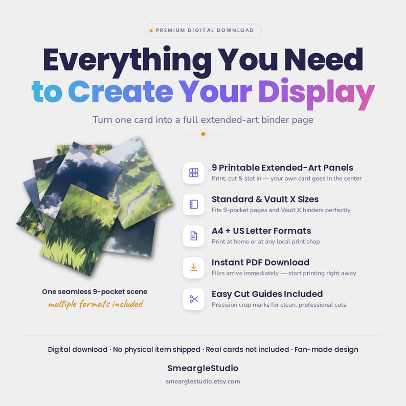 以下が含まれることがあります： Everything You Need to Create Your Displayというテキストが記載されたデジタルダウンロード製品の表示。9ポケットバインダーページ用の印刷可能な拡張アートパネル9枚が含まれており、A4およびUSレター形式で、簡単なカットガイドが付いています。