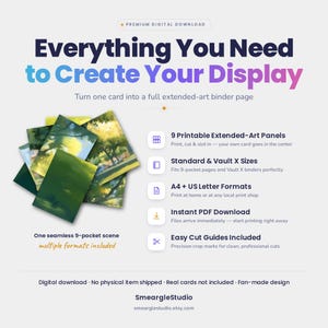 K&ouml;nnte beinhalten: Ein digitales Download-Produkt mit neun druckbaren, erweiterten Kunstpaneelen f&uuml;r Ordnerseiten. Der Text lautet: Everything You Need to Create Your Display, 9 Printable Extended-Art Panels, Standard & Vault X Sizes, A4 + US Letter Formats, Instant PDF Download, Easy Cut Guides Included, One seamless 9-pocket scene und SmeargleStudio.