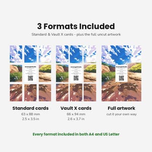 May include: A digital display showing 3 Formats Included: Standard & Vault X cards plus full uncut artwork. Three columns show card layouts with a landscape illustration of a path under a blue sky. Text includes dimensions 2.5 x 3.5 in and 2.6 x 3.7 in.