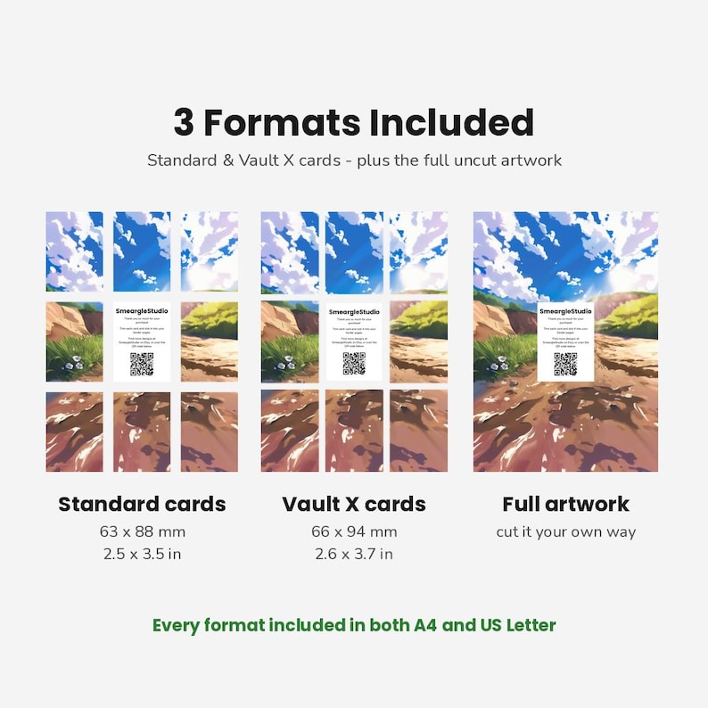 May include: A digital display showing 3 Formats Included: Standard & Vault X cards plus full uncut artwork. Three columns show card layouts with a landscape illustration of a path under a blue sky. Text includes dimensions 2.5 x 3.5 in and 2.6 x 3.7 in.