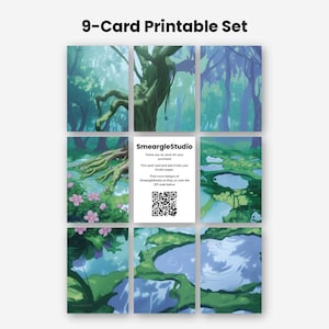 May include: A 9-card printable set featuring a forest landscape with trees, water, and pink flowers. The center card displays the text SmeargleStudio, thank you notes, and a QR code. The overall color palette consists of various shades of green and blue.