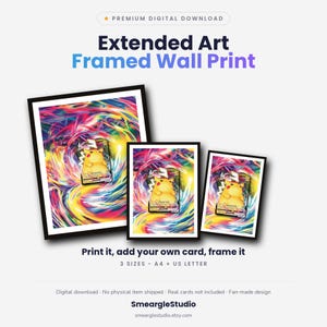 May include: Three black-framed wall prints featuring a yellow Pikachu character centered over a vibrant, swirling multi-colored background. Text includes "Premium Digital Download", "Extended Art Framed Wall Print", "Print it, add your own card, frame it", "3 SIZES - A4 + US LETTER", and "SmeargleStudio".