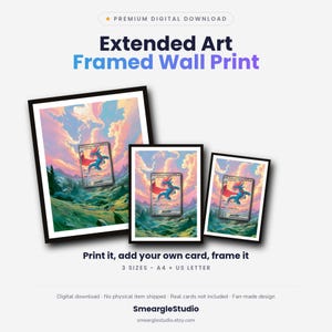 May include: Three black-framed wall prints featuring extended art of a blue dragon-like creature against a pink and orange sunset sky over a green landscape. Text includes Premium Digital Download, Extended Art Framed Wall Print, Print it, add your own card, frame it, 3 SIZES - A4 + US LETTER, Digital download, No physical item shipped, Real cards not included, Fan-made design, SmeargleStudio, smearglestudio.etsy.com.