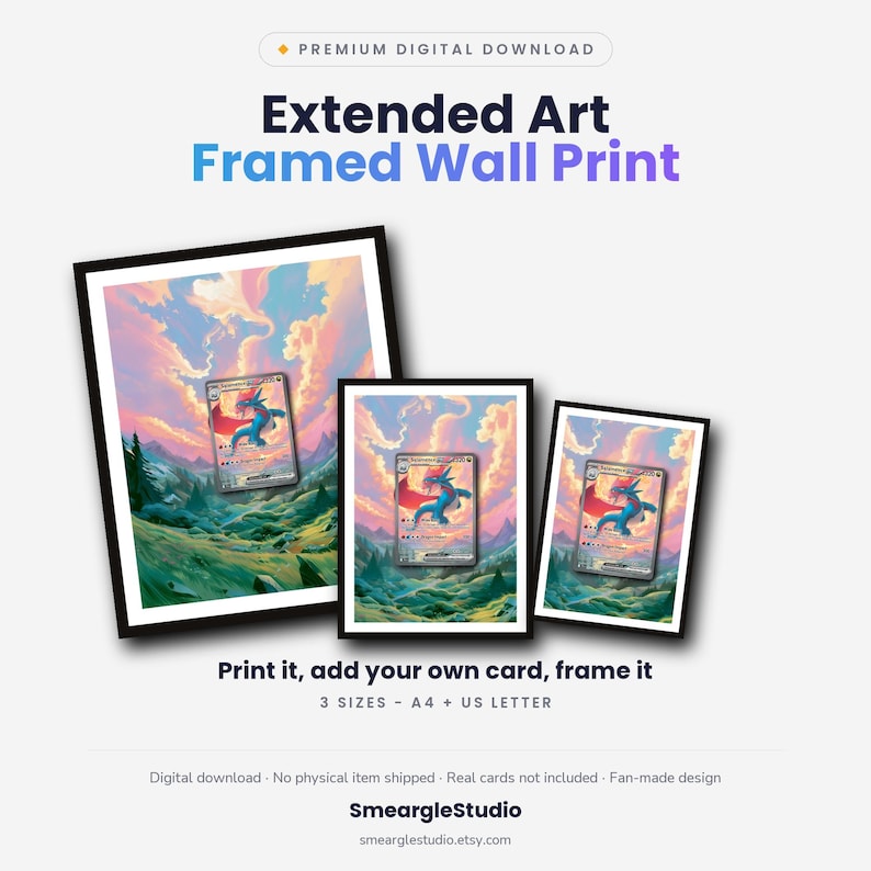 May include: Three black-framed wall prints featuring extended art of a blue dragon-like creature against a pink and orange sunset sky over a green landscape. Text includes Premium Digital Download, Extended Art Framed Wall Print, Print it, add your own card, frame it, 3 SIZES - A4 + US LETTER, Digital download, No physical item shipped, Real cards not included, Fan-made design, SmeargleStudio, smearglestudio.etsy.com.