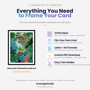 Puede incluir: Una gu&iacute;a de descarga digital para enmarcar tarjetas, con una impresi&oacute;n de arte de selva enmarcada en negro. El texto incluye Everything You Need to Frame Your Card, 3 Print Sizes 4x6, 5x7, 8x10, Fits Your Own Card 63 x 88 mm, Letter + A4 Formats.