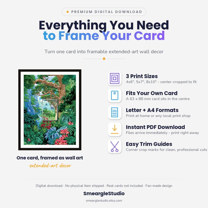 Puede incluir: Una gu&iacute;a de descarga digital para enmarcar tarjetas, con una impresi&oacute;n de arte de selva enmarcada en negro. El texto incluye Everything You Need to Frame Your Card, 3 Print Sizes 4x6, 5x7, 8x10, Fits Your Own Card 63 x 88 mm, Letter + A4 Formats.