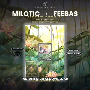 Puede incluir: Un conjunto de descarga digital con arte extendido que conecta a Milotic y Feebas. El gráfico muestra dos cartas coleccionables integradas en una escena de estanque verde con flores de loto rosas, nenúfares y luz solar brillante. El texto incluye Smeargle Studio, Milotic, Feebas, Connecting Extended Art, 2-Card Connecting Set, Surging Sparks, #237, #198, Instant Access, 300 DPI, PDF File, A4 + US Letter, Card Not Included e Instant Digital Download.