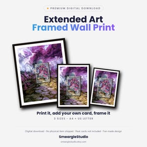 Puede incluir: Una descarga digital con tres impresiones de pared enmarcadas con arte extendido de una criatura morada y rosa en un camino de piedra. El texto incluye Premium Digital Download, Extended Art Framed Wall Print, Print it, add your own card, frame it, 3 SIZES - A4 + US LETTER, Digital download, No physical item shipped, Real cards not included, Fan-made design, SmeargleStudio, smearglestudio.etsy.com.