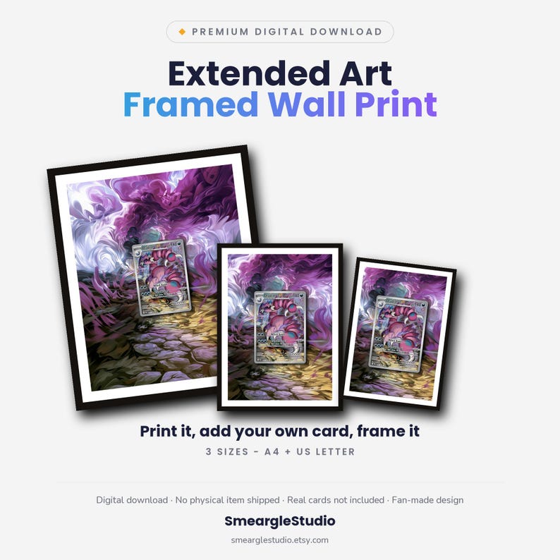 Puede incluir: Una descarga digital con tres impresiones de pared enmarcadas con arte extendido de una criatura morada y rosa en un camino de piedra. El texto incluye Premium Digital Download, Extended Art Framed Wall Print, Print it, add your own card, frame it, 3 SIZES - A4 + US LETTER, Digital download, No physical item shipped, Real cards not included, Fan-made design, SmeargleStudio, smearglestudio.etsy.com.