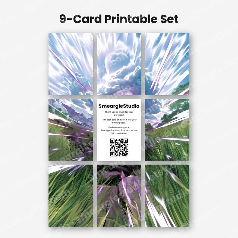 Pode incluir: Um conjunto de 9 cart&otilde;es imprim&iacute;veis com uma ilustra&ccedil;&atilde;o digital de um campo de relva sob um c&eacute;u brilhante com raios de luz. O cart&atilde;o central exibe o texto SmeargleStudio, uma mensagem de agradecimento e um c&oacute;digo QR para mais informa&ccedil;&otilde;es.