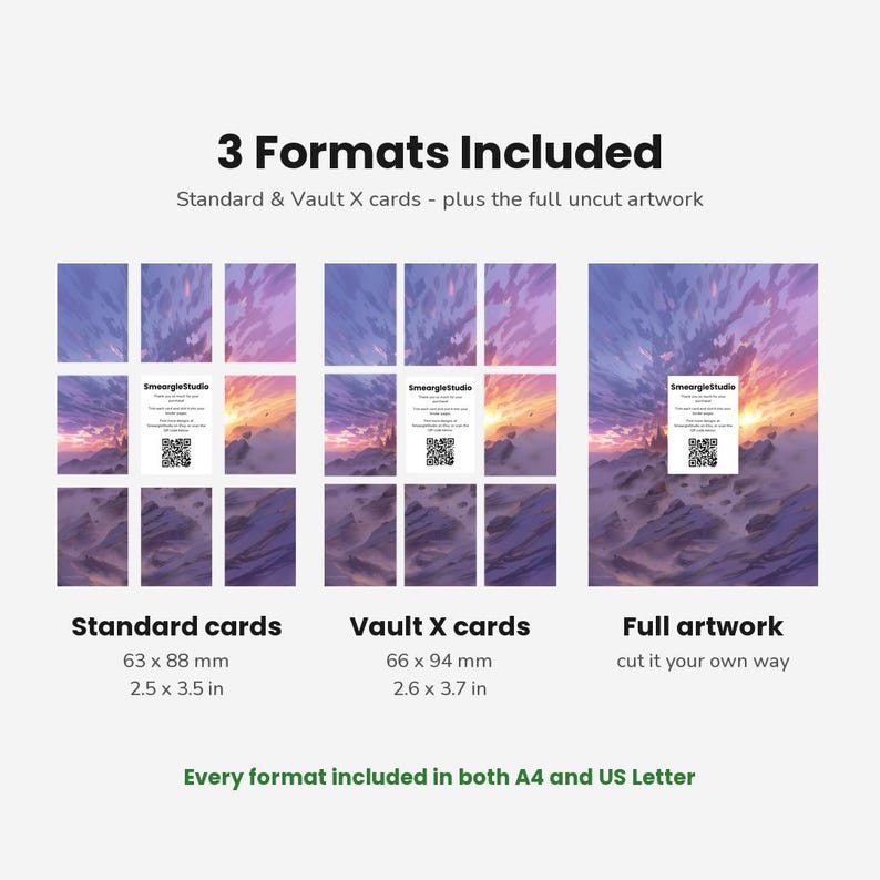 May include: A digital product display showing 3 Formats Included: Standard cards at 2.5 x 3.5 inches, Vault X cards at 2.6 x 3.7 inches, and full uncut artwork. Each section features a purple and orange sunset landscape with a SmeargleStudio QR code card.