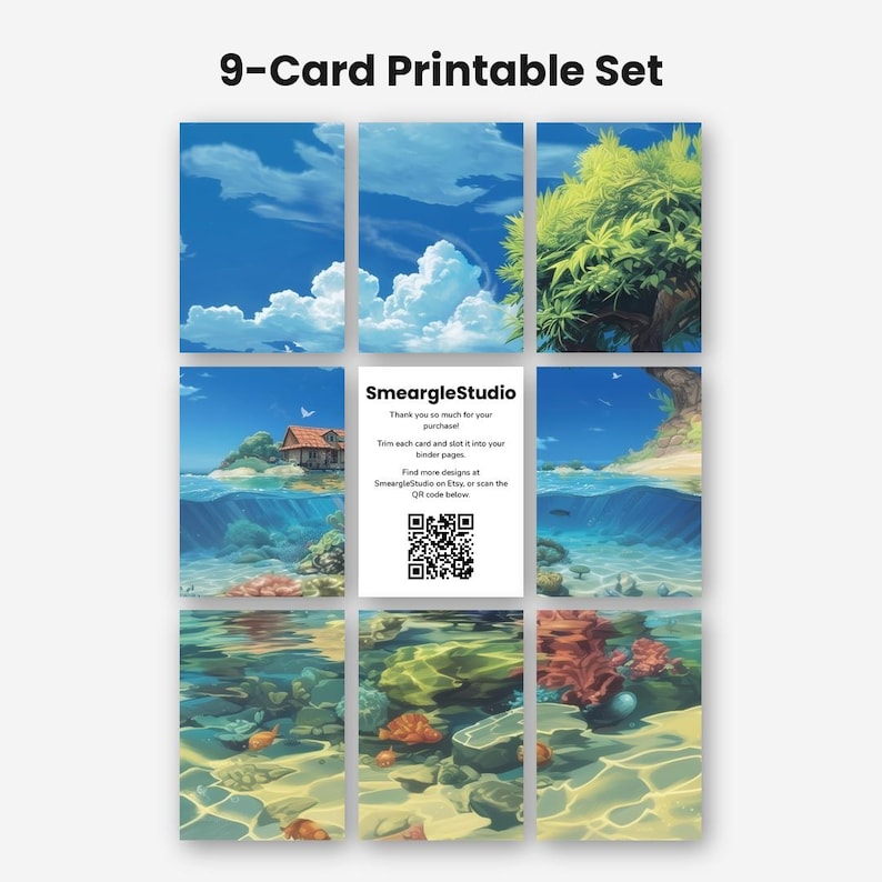 May include: A 9-card printable set featuring a continuous landscape illustration of a blue sky with clouds, a tree, a house by the sea, and an underwater scene with fish and coral. The center card includes the text SmeargleStudio and a QR code.