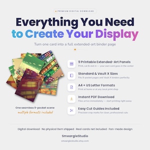 May include: A digital download product featuring 9 printable extended-art panels for a 9-pocket binder page. The design includes a seamless scene, A4 and US Letter formats, and easy cut guides. Text includes Everything You Need to Create Your Display.