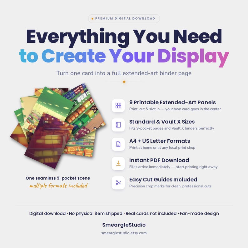May include: A digital download product featuring 9 printable extended-art panels for a 9-pocket binder page. The design includes a seamless scene, A4 and US Letter formats, and easy cut guides. Text includes Everything You Need to Create Your Display.