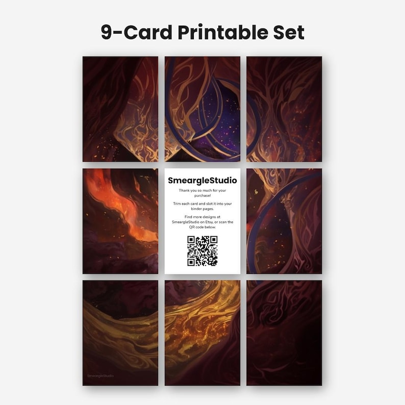 May include: A 9-card printable set featuring abstract dark red, orange, and purple swirling patterns. The center card displays the text SmeargleStudio, instructions for trimming and use, and a QR code for further designs on the Etsy platform.