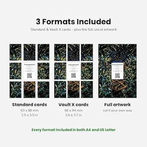 May include: A digital product display showing three formats: standard cards at 63 x 88 mm, Vault X cards at 66 x 94 mm, and full uncut artwork. Each format features a dark, dense jungle foliage illustration with a central white card and QR code.