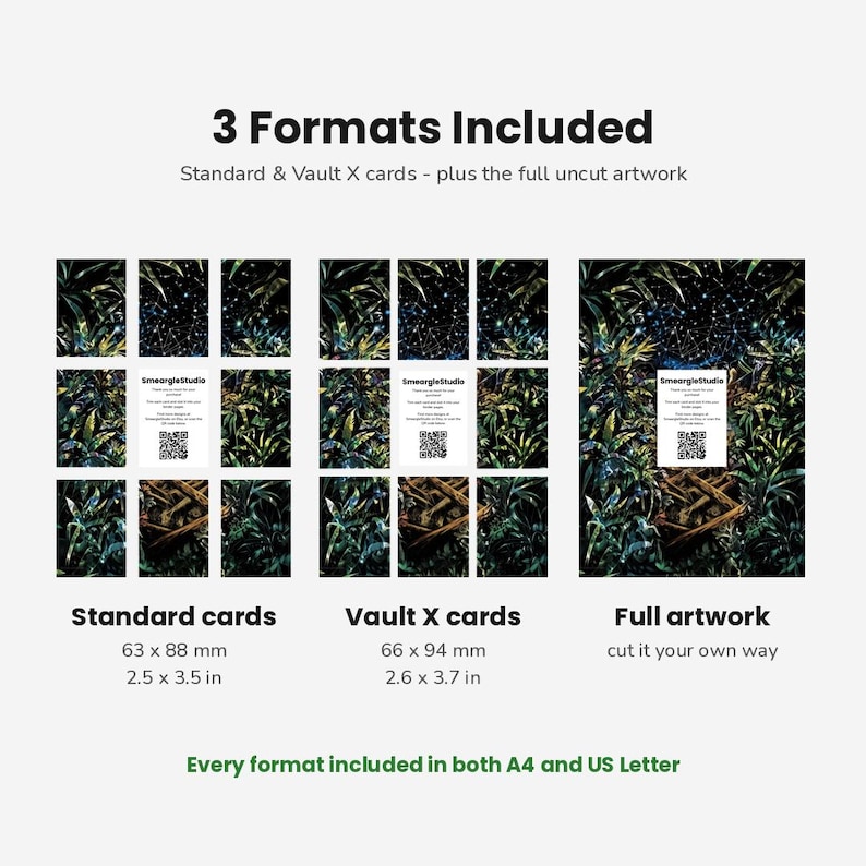 May include: A digital product display showing three formats: standard cards at 63 x 88 mm, Vault X cards at 66 x 94 mm, and full uncut artwork. Each format features a dark, dense jungle foliage illustration with a central white card and QR code.