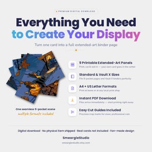 Puede incluir: Un producto de descarga digital con 9 paneles de arte extendido imprimibles para carpetas. El gr&aacute;fico muestra una escena callejera oto&ntilde;al con hojas naranjas y tonos azules. El texto incluye: Everything You Need to Create Your Display.