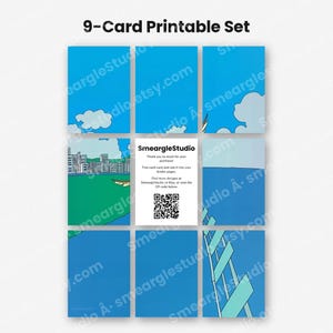 May include: A 9-card printable set featuring a blue sky with clouds, a cityscape, and a ladder design. The center card displays the text SmeargleStudio, thank you so much for your purchase, trim each card and slot it into your binder pages, find more designs at SmeargleStudio on Etsy, or scan the QR code below, along with a QR code.