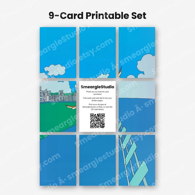 May include: A 9-card printable set featuring a blue sky with clouds, a cityscape, and a ladder design. The center card displays the text SmeargleStudio, thank you so much for your purchase, trim each card and slot it into your binder pages, find more designs at SmeargleStudio on Etsy, or scan the QR code below, along with a QR code.