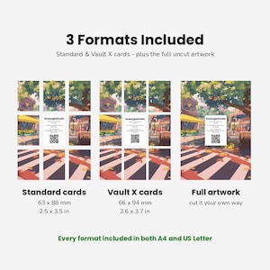 May include: A digital display showing 3 Formats Included: Standard cards at 2.5 x 3.5 inches, Vault X cards at 2.6 x 3.7 inches, and full artwork. Each section features a street scene illustration with a SmeargleStudio card and QR code.